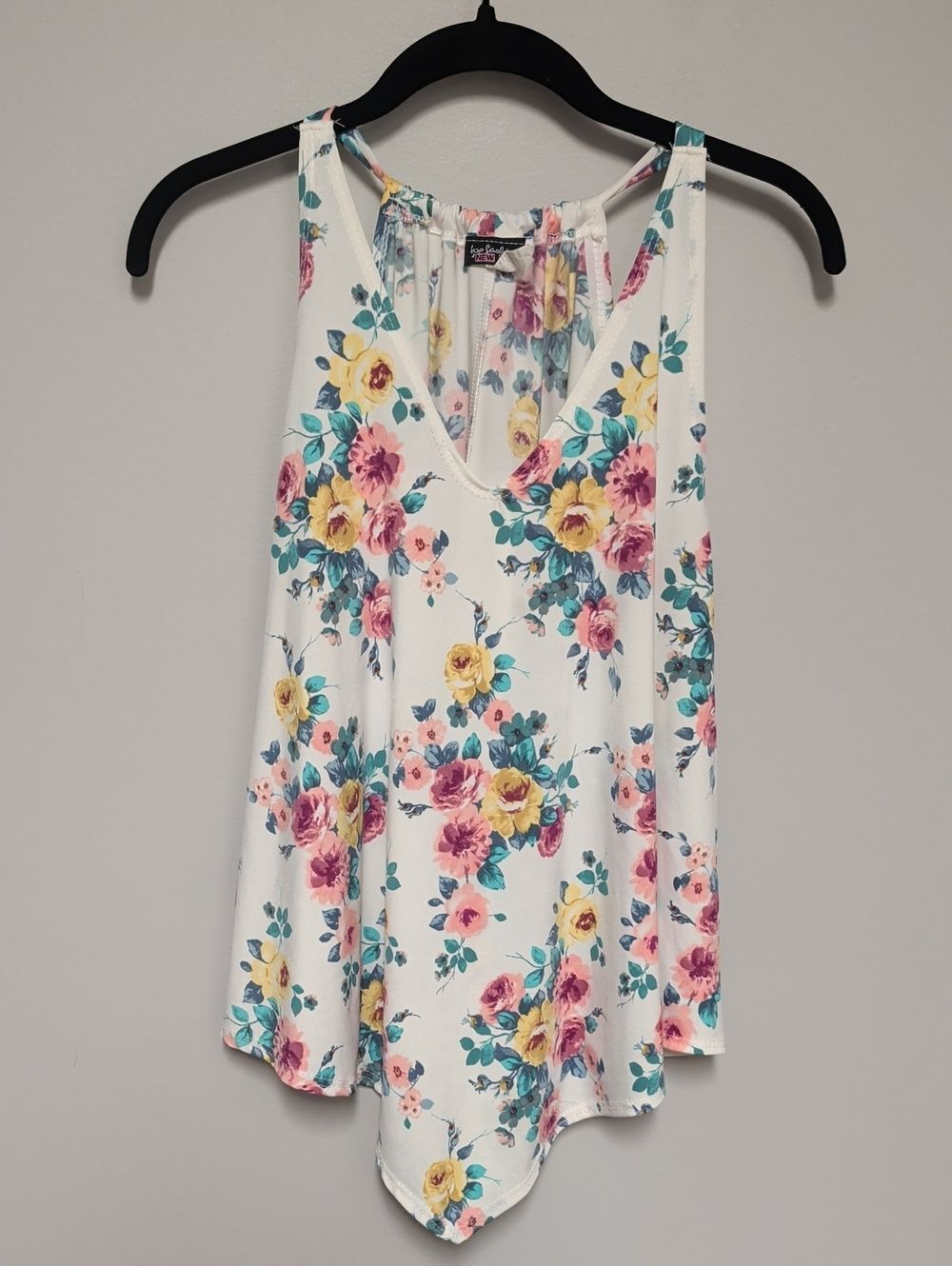 Floral V-Neck Racerback Tank - White with Pink & Yellow Roses